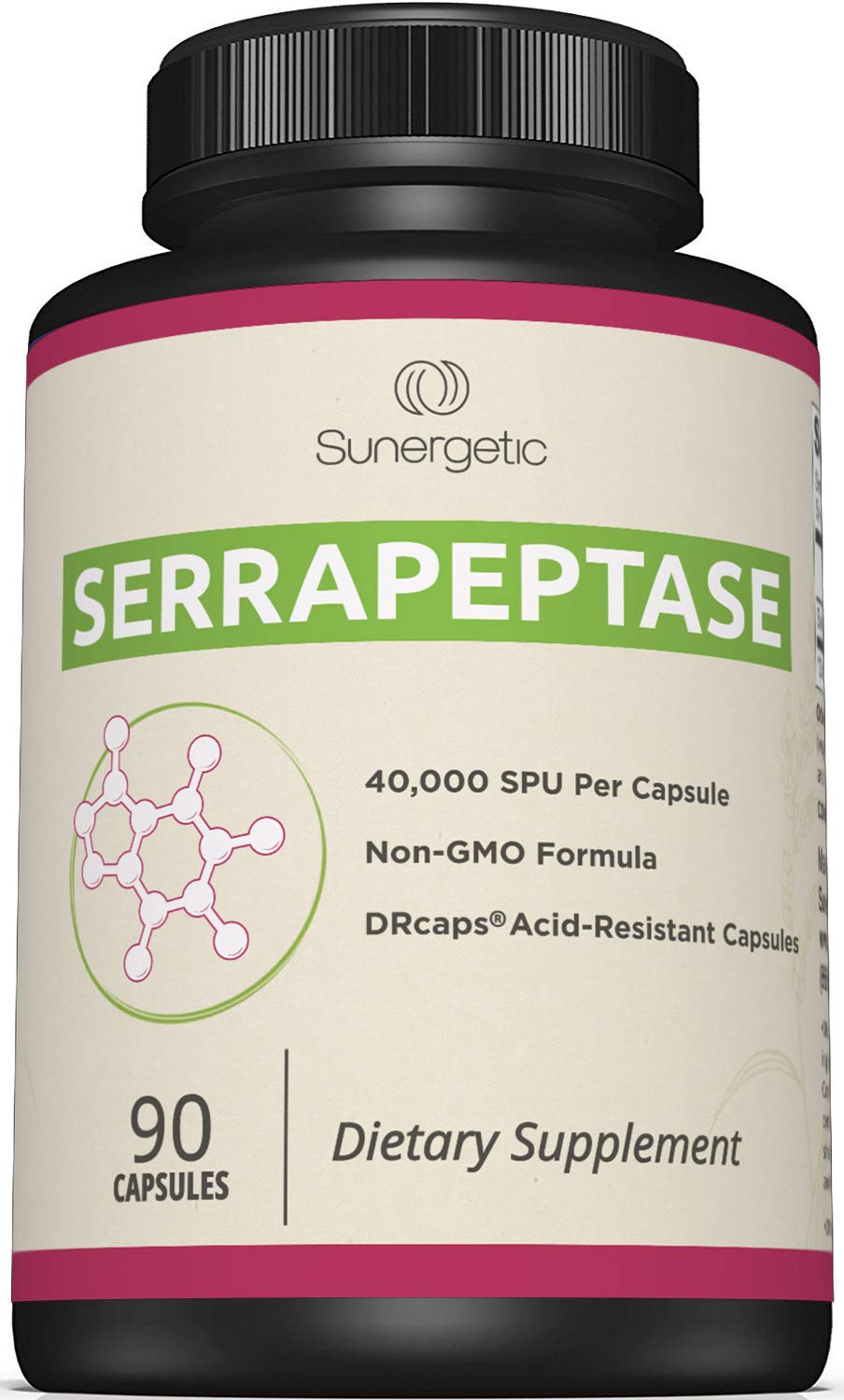 Sunergetic Serrapeptase bottle on table, may support overall wellness with enzyme benefits.