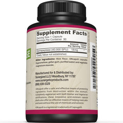Close-up of Sunergetic Serrapeptase capsules showing 40,000 SPU per capsule.