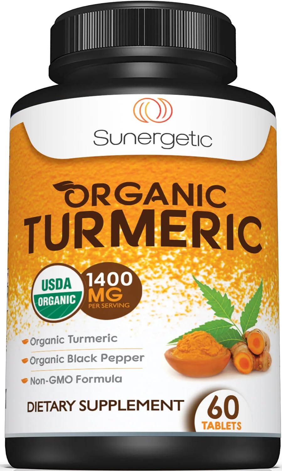 Sunergetic turmeric supplement bottle front showing organic quality