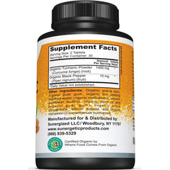 Sunergetic turmeric supplement bottle label close-up with turmeric and pepper