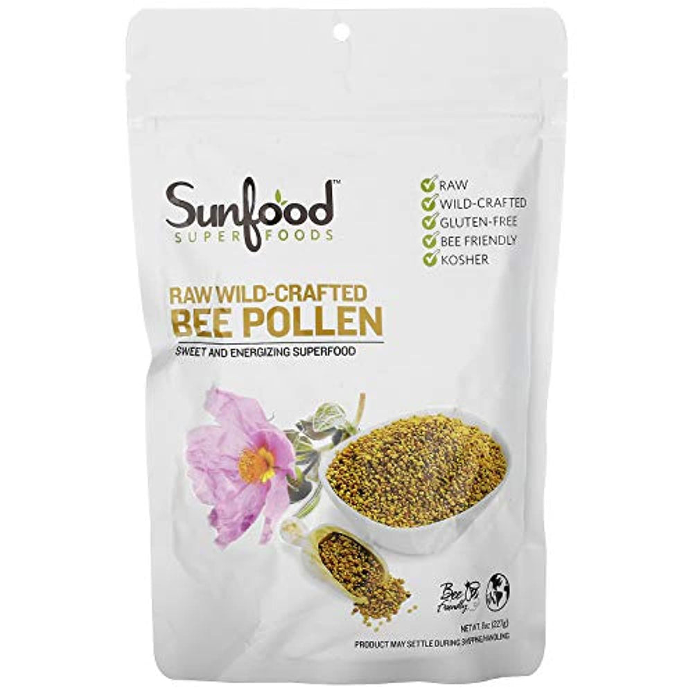 Sunfood Bee Pollen granules in a bowl, ideal yogurt topping.
