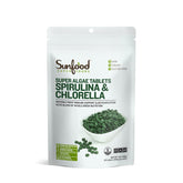 Sunfood Chlorella Spirulina tablets bottle with label; convenient daily green nutrition