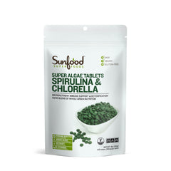 Sunfood Chlorella Spirulina tablets bottle with label; convenient daily green nutrition
