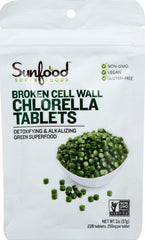 Sunfood Chlorella tablets in bottle with broken cell wall for enhanced absorption and antioxidant support
