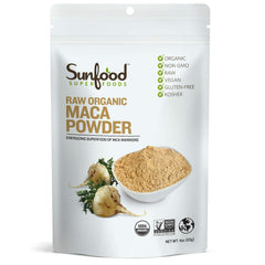 Sunfood Maca Powder front view in 4 oz bag, premium Peru-grown superfood for daily vitality
