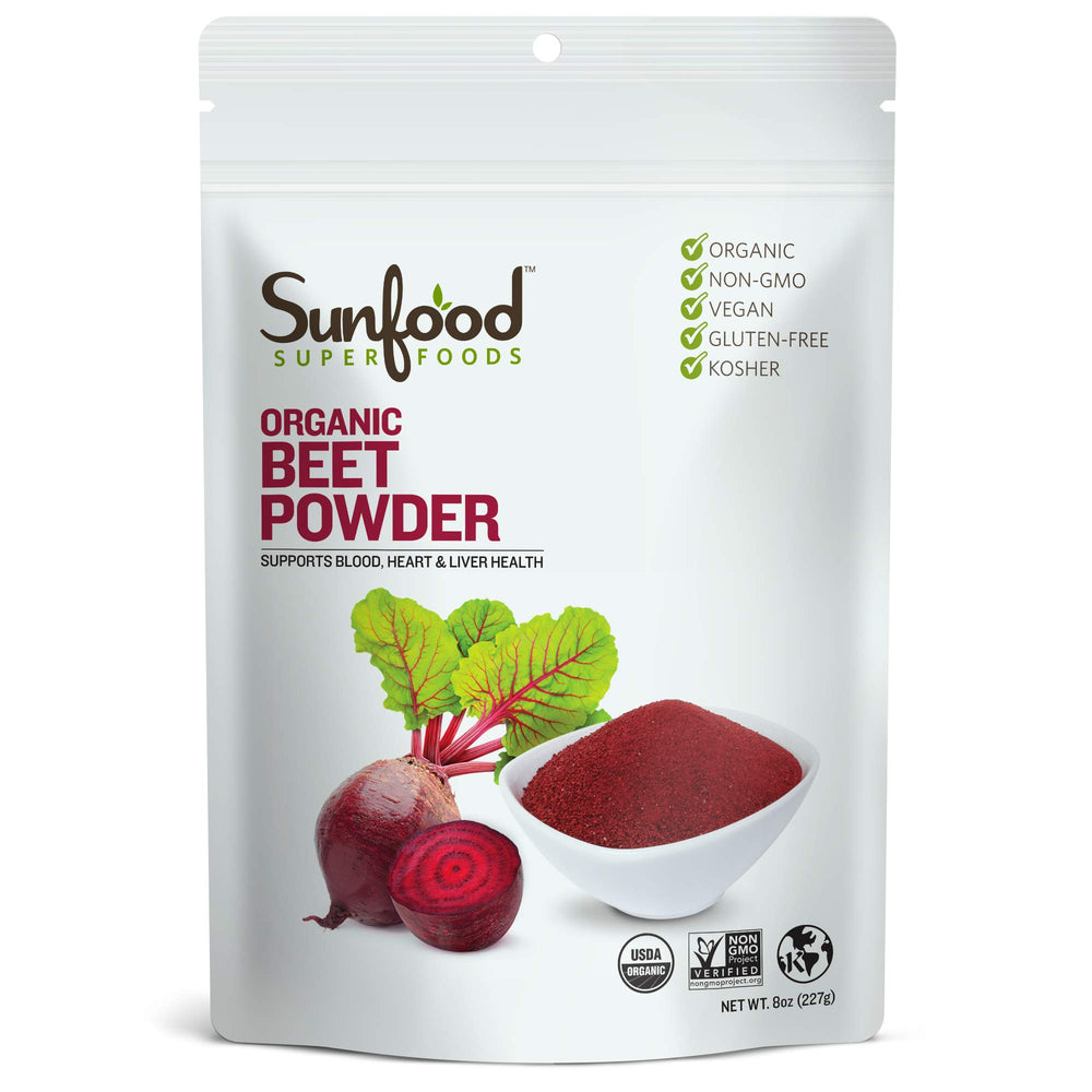 Sunfood Polvo de Remolacha Orgánico, empaque práctico, color rojo vivo para batidos
