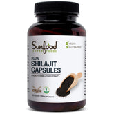 Sunfood Shilajit Capsules bottle close-up highlighting fulvic acid support for daily vitality.