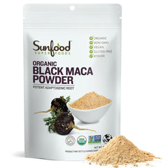 Sunfood Superfoods Black Maca powder bag front highlighting natural energy support.