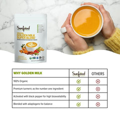 Sunfoods Golden Milk spice mix with cinnamon and cardamom to boost flavor.