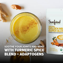 Sunfoods Golden Milk powder jar rich with turmeric and ginger for smoothies.