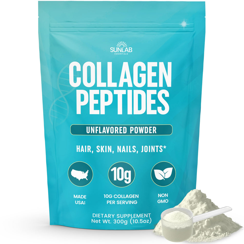 SunLab Essentials collagen peptides unflavored bottle label shows Type I & III benefits for daily skin care