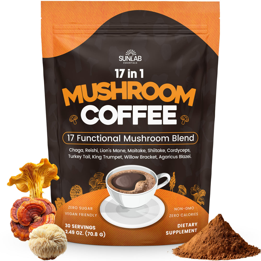 SunLab Essentials mushroom coffee bag ready for a quick morning brew