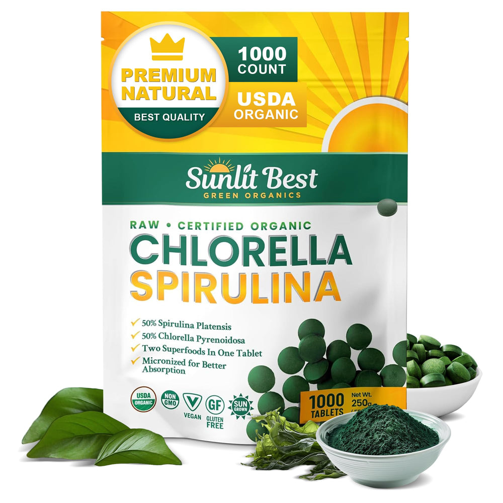 Sunlit Best Chlorella Spirulina tablets bottle on a kitchen counter for easy daily wellness.