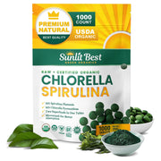 Sunlit Best Chlorella Spirulina tablets bottle on a kitchen counter for easy daily wellness.