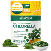 Sunlit Best Green Organics chlorella tablets close-up bottle highlighting daily nutrition support