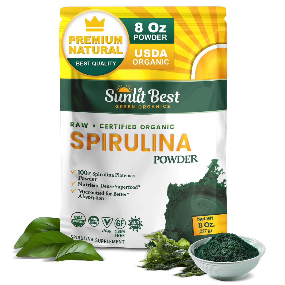 Sunlit Best Spirulina Powder USDA bottle label ready for a smoothie boost