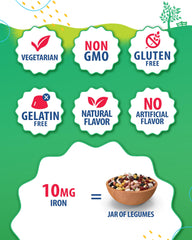 Sunny Sam Iron Gummies vitamin C panel with non-GMO and vegetarian icons