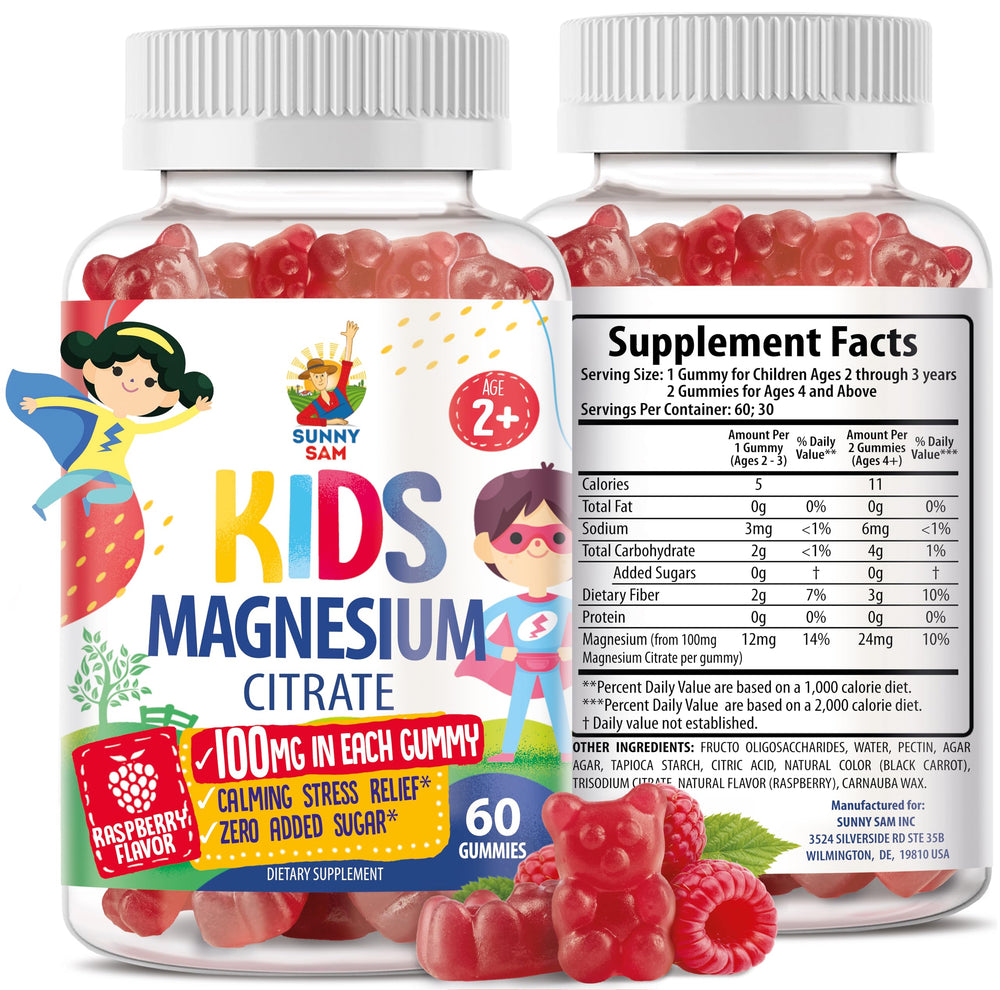 Sunny Sam Magnesium Gummies for Kids bottle front supports calm and nightly routine