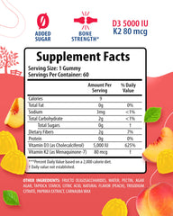 Sunny Sam bottle-pour shows high-absorption D3 K2 gummies aiding calcium balance.