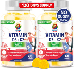 Sunny Sam sugar-free Vitamin D3 K2 gummy bottle with peach flavor for daily immune and bone support.