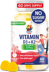 Sunny Sam sugar-free vitamin D3 K2 gummies bottle supports immune and bone health.