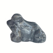 Sunshcat Labradorite frog pocket figurine sits calmly on a desk.