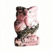 Sunshcat rhodonite owl figurine close-up highlights natural stone tones.