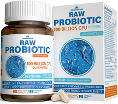 Sunshine & Rain Raw Probiotics bottle supports a potent gut balance.