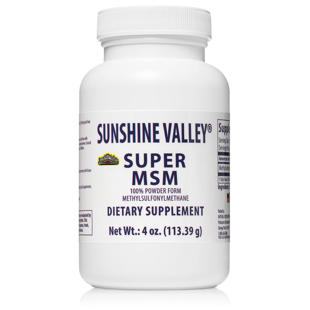 Sunshine Valley MSM powder bottle being poured for easy daily joint support