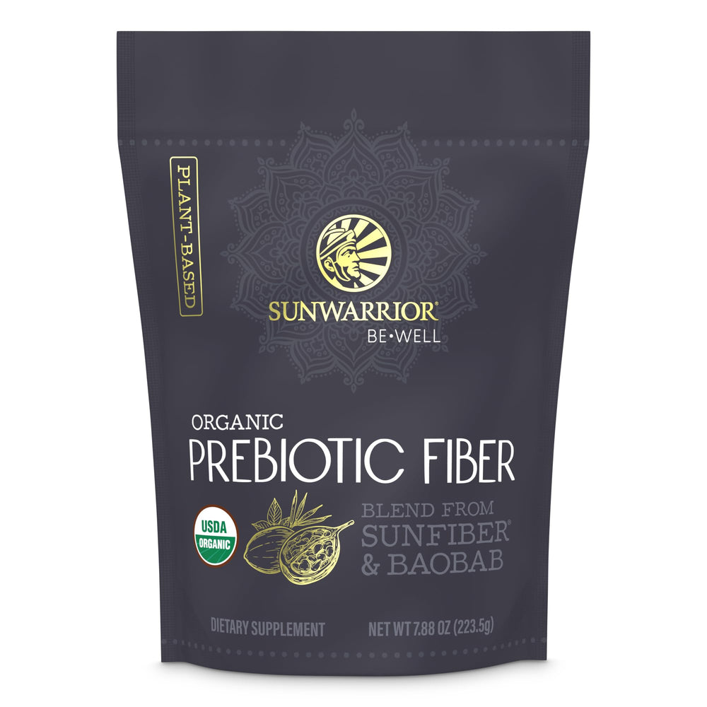 Be Well by Sunwarrior prebiotic fiber bottle on kitchen counter for daily gut-friendly routine
