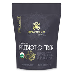 Be Well by Sunwarrior prebiotic fiber bottle on kitchen counter for daily gut-friendly routine