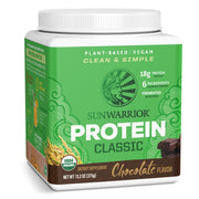 Sunwarrior Brown Rice Protein Powder tub with chocolate flavor for plant-based shakes