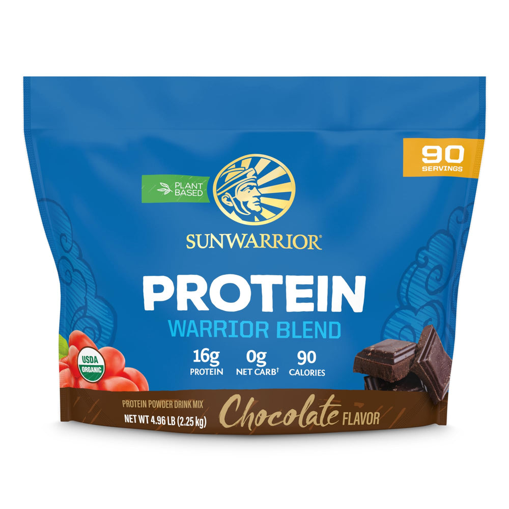 Sunwarrior Organic Plant-Based Protein Powder chocolate in tub for premium vegan protein.