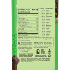 Sunwarrior chocolate protein powder on spoon highlights easy mixing and taste.