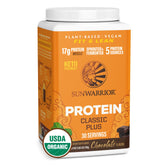Sunwarrior Classic Plus chocolate protein powder jar for a creamy plant-based shake.