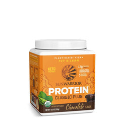 Sunwarrior Clean Vegan Protein Powder Chocolate tub, convenient daily plant-based protein.