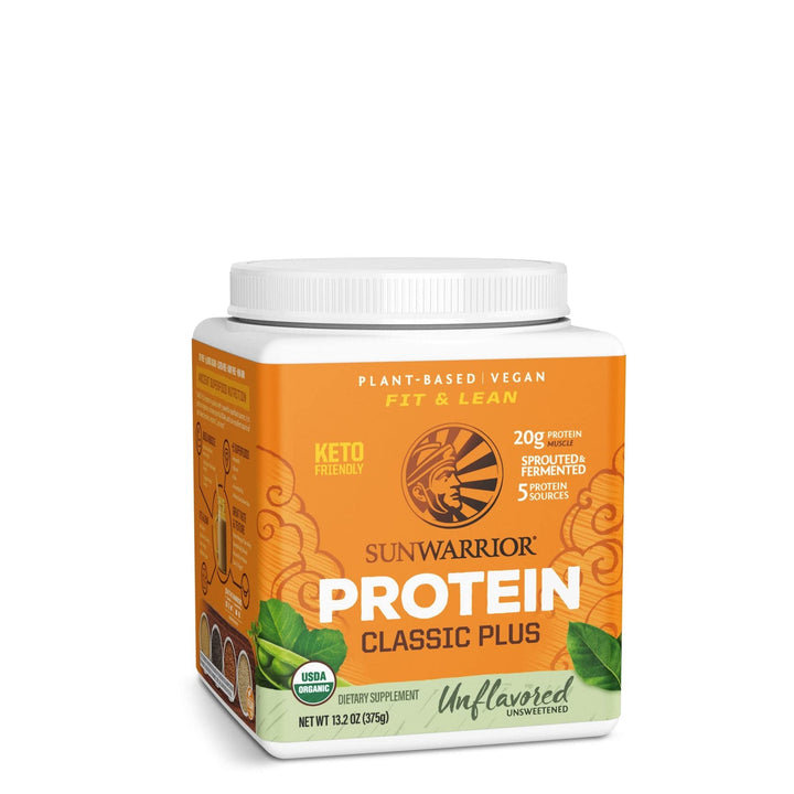 Sunwarrior unflavored vegan protein powder bottle for clean daily nutrition.