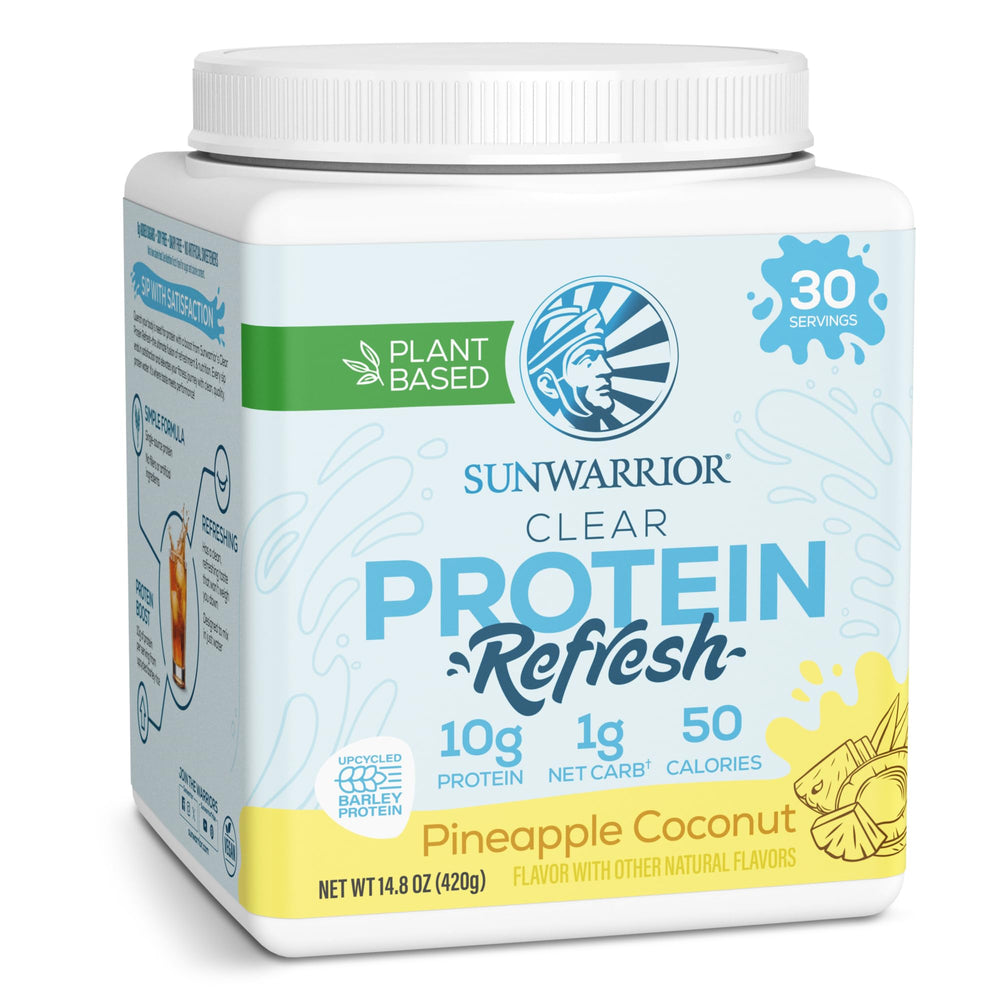 Sunwarrior Clear Protein Refresh bottle pour showcases easy hydration after workouts