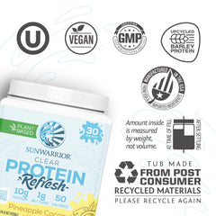 Sunwarrior Clear Protein Refresh tub packaging highlights 420g size and 30 servings
