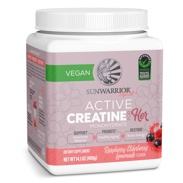 Sunwarrior Creatine for Women Raspberry Lemonade tub label—vegan formula for workout support