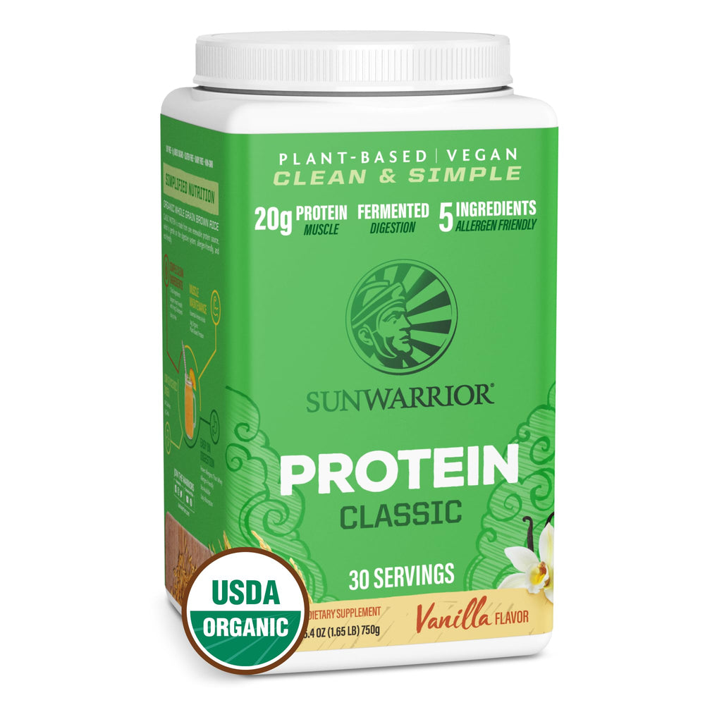 Sunwarrior Organic Classic Vanilla Protein bottle shows plant-based nutrition for active lifestyles.