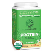 Sunwarrior Organic Classic Vanilla Protein bottle shows plant-based nutrition for active lifestyles.