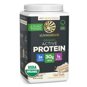 Sunwarrior Cake Batter protein powder container front showing clean plant protein for daily recovery