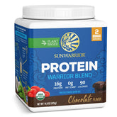 Sunwarrior chocolate protein powder tub for vegan post-workout nutrition.
