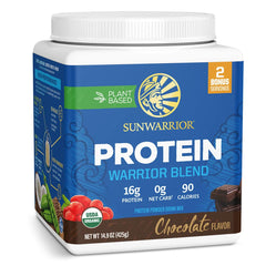 Sunwarrior chocolate protein powder tub for vegan post-workout nutrition.