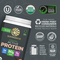 Sunwarrior protein powder scoop beside the jar for post-workout recovery