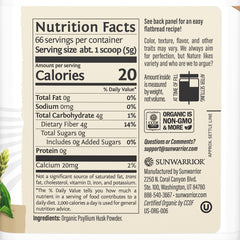 Sunwarrior Organic Psyllium Husk Powder measuring scoop shows easy portioning for smoothies.