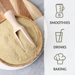 Sunwarrior Organic Psyllium Husk Powder added to smoothie for fiber boost and satiety.