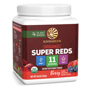 Sunwarrior Organic Super Reds powder tub front for daily energy and wellness