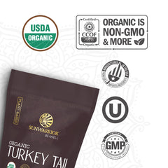 Turkey Tail Mushroom powder ingredient label close-up for transparent grain-free formula.